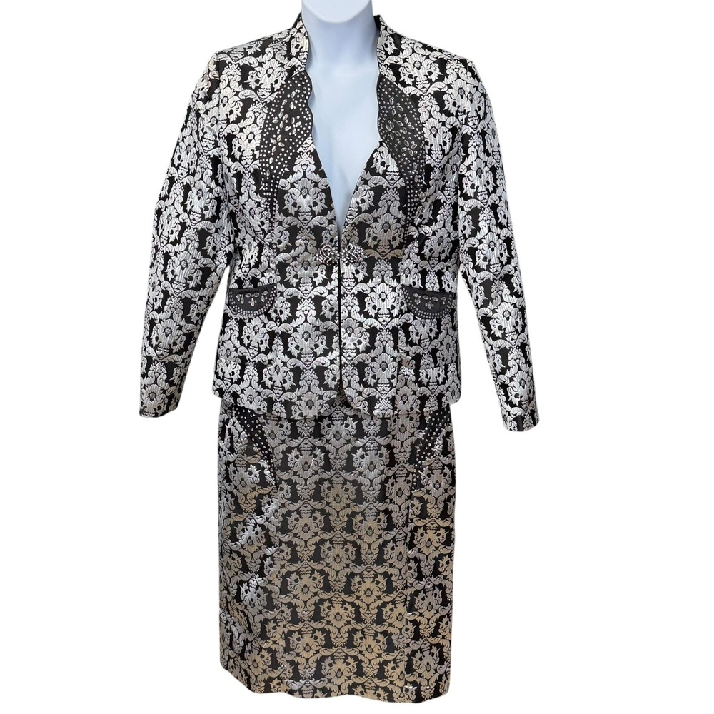 Elite Champagne Skirt Suit Sz 12 Black Silver Floral Jacket Jacquard Rhinestone‎